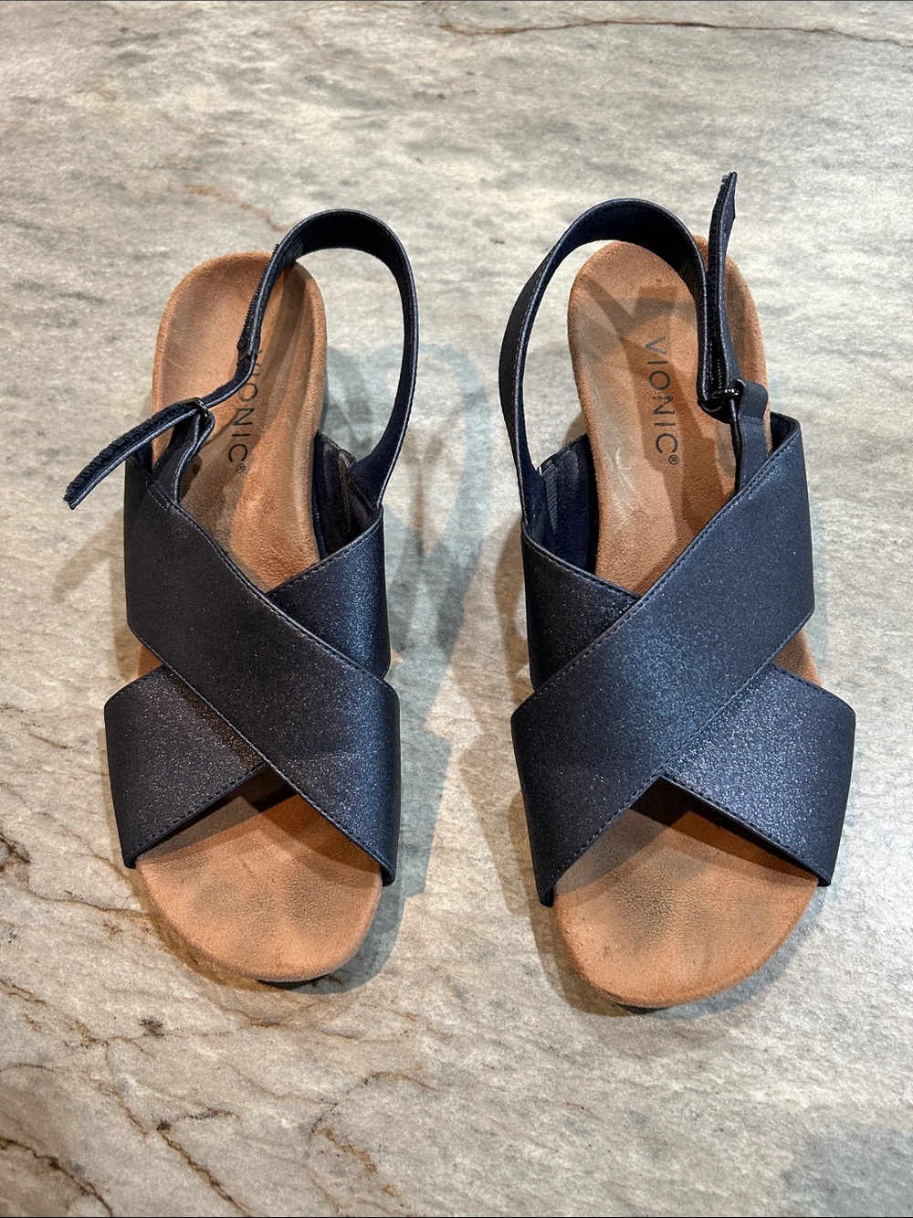 Vionic Slingback Wedge Sandals with Cushioned Footbed - metallic blue - size 8
